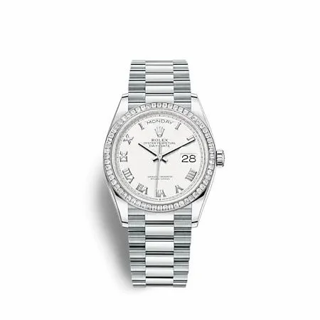 Rolex Day-Date 36 Platinum - Baguette / White - Roman / President 128396TBR-0010 (M128396TBR-0010)